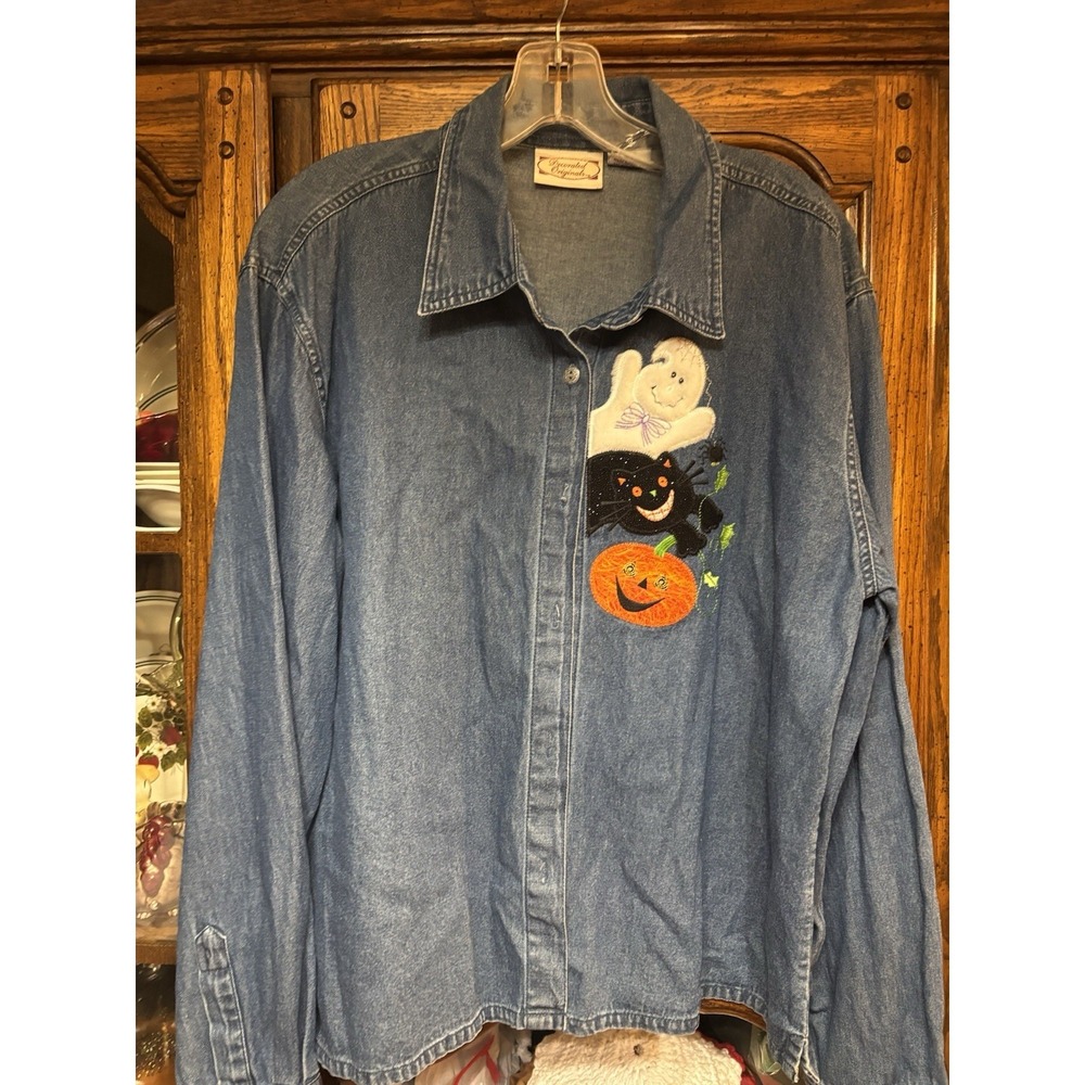 Vintage‎ Decorated Original Women's Halloween Denim Long Sleeve Button Shirt XL